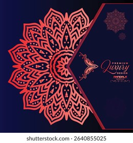 A striking navy blue background highlights a vibrant, intricate red-orange mandala design. Elegant script text "Premium Luxury Design" suggests sophistication.	
