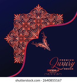 A striking navy blue background highlights a vibrant, intricate red-orange mandala design. Elegant script text "Premium Luxury Design" suggests sophistication.	
