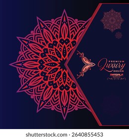 A striking navy blue background highlights a vibrant, intricate red-orange mandala design. Elegant script text "Premium Luxury Design" suggests sophistication.	

