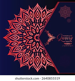 A striking navy blue background highlights a vibrant, intricate red-orange mandala design. Elegant script text "Premium Luxury Design" suggests sophistication.	
