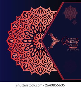 A striking navy blue background highlights a vibrant, intricate red-orange mandala design. Elegant script text "Premium Luxury Design" suggests sophistication.	
