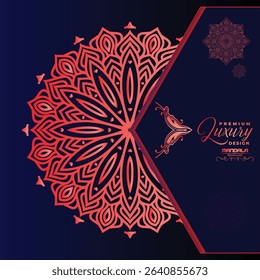 A striking navy blue background highlights a vibrant, intricate red-orange mandala design. Elegant script text "Premium Luxury Design" suggests sophistication.	
