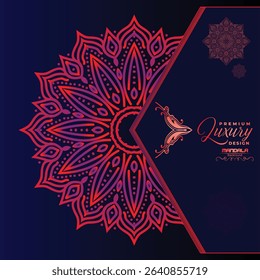 A striking navy blue background highlights a vibrant, intricate red-orange mandala design. Elegant script text "Premium Luxury Design" suggests sophistication.	
