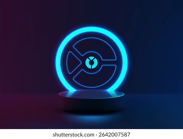 striking neon blue circle with intricate glowing design, resting on a sleek dark pedestal against a gradient pink and blue light background, technology concepts and futuristic product displays