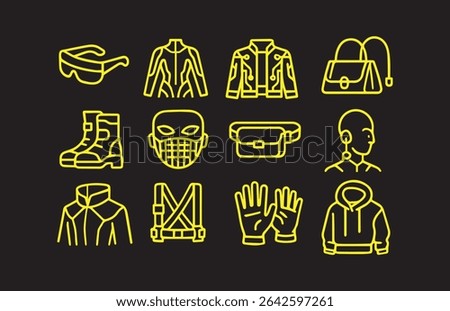 Striking neon yellow outlines on black depict clothing accessories including glasses, jackets, boots, gloves, and a mask.