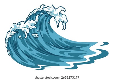 A striking ocean wave curls dramatically cresting with white foam. The vivid blue water reflects sunlight capturing the beauty of the sea during a sunny day.