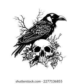 Striking and ominous Hand drawn line art illustration of a crow in a skull head, showcasing a fusion of the natural and the macabre