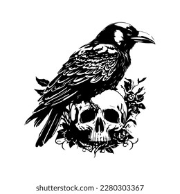 Striking and ominous Hand drawn line art illustration of a crow in a skull head, showcasing a fusion of the natural and the macabre