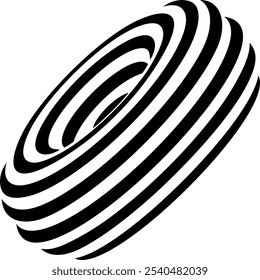 A striking optical illusion depicts an abstract torus or ring shape created by alternating black and white concentric stripes that curve and twist in space. 