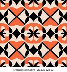 Striking orange and black art deco pattern on white background, commonly seen in repeating fabric designs, featuring geometric shapes and an intricate motif.