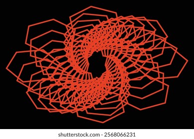 A striking orange geometric spiral mandala composed of overlapping polygon shapes, forming a hypnotic pattern on a deep black background.