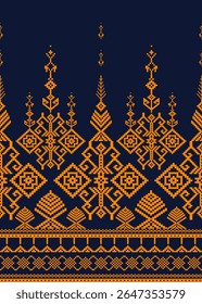 Striking orange pixel Thai pattern on dark background, featuring traditional geometric and floral motifs. Ideal for textile prints, folk art, crafts, and digital projects.