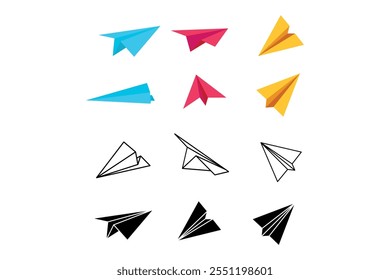 Striking origami airplane designs for creative professionals, Colorful paper planes set to boost your visual storytelling, Playful and artistic origami airplane icons for kids' projects