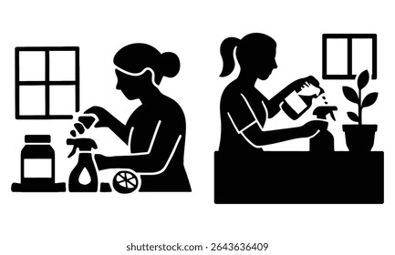 A striking pair of female silhouettes, one cleaning with spray bottles and the other watering a plant. The bold, minimalist silhouette style is a distinctive feature.