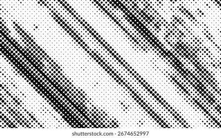Um padrão impressionante de pontos pretos em um plano de fundo branco cria um efeito de meio-tom atraente visualmente com linhas diagonais e densidades de pontos variáveis para uma estética retrô