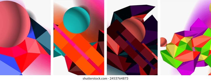 A striking pattern of colorful geometric shapes including rectangles in shades of magenta, electric blue, and carmine, creates a visually captivating art piece on a white background