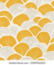A striking pattern featuring overlapping fan-shaped leaves in a rich golden yellow, set against a light background. 