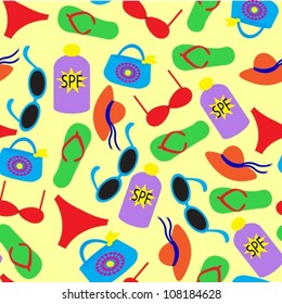 striking pattern featuring various beach items, sunglasses, bag, bathing suit, cream, slippers and hats