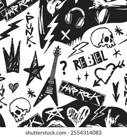 A striking pattern filled with rock and punk motifs including guitars skulls stars and lightning bolts in black and white. The design reflects rebellious music culture vividly and creatively.