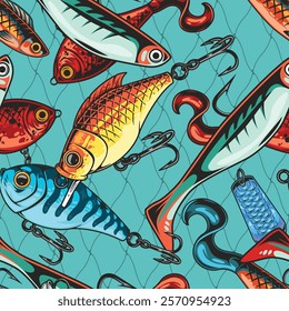 A striking pattern filled with various fishing lures in bright colors. The design showcases the different shapes and styles of lures against a teal background creating an energetic look.