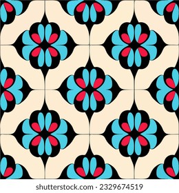 Striking pattern on a black background showcasing beautiful blue and red flowers. This patterned tilework exudes vibrancy and charm, with a peppermint motif that adds a delightful touch to.