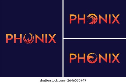 Logotipos de Phoenix impressionantes Uma sinfonia ardente de tipografia e imagens míticas Três desenhos exclusivos que exibem as palavras Phoenix com símbolos de pássaro de Phoenix estilizado dentro da letra O