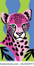  a striking pink leopard with beautiful green eyes, set against an abstract wavy green and blue background, and bold artistic details.