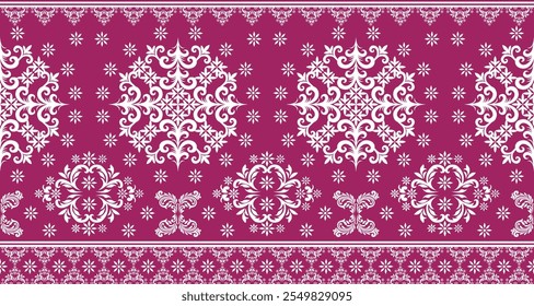 A striking pink and white damask pattern with intricate floral and geometric motifs. The design features a repeating pattern of ornate scrolls and floral elements, creating a luxurious and elegant loo