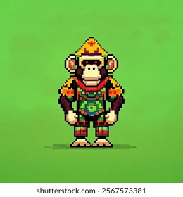 A striking pixel art representation of a cartoon ape clad in vibrant warrior armor, set against a vivid green background. The artwork combines retro pixelated aesthetics with modern creative flair,