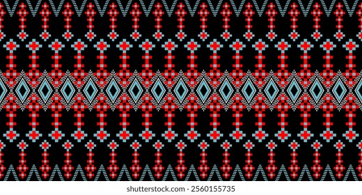 a striking, pixelated textile, likely inspired by traditional embroidery or weaving. Set against a black backdrop, vibrant red and light blue teal motifs create a strong visual contrast
