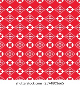 Striking pixel-style folk pattern featuring crisp white geometric motifs on vibrant red background. 