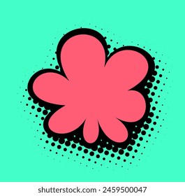 A striking pop art-style bloom, in vivid pink with bold black outlines, sits on a turquoise background with a dotted halftone shadow, exuding a vintage yet contemporary charm.