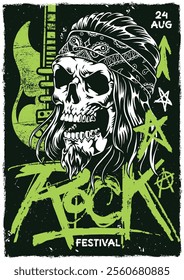 A striking poster features a detailed skull wearing a bandana and surrounded by rock symbols. The date is prominently displayed as August 24 showcasing a vibrant green color scheme.