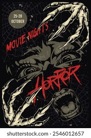 A striking poster promotes a horror movie night. It features dramatic artwork of a menacing face with clawed hands and a dark spooky ambiance.