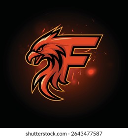Um logotipo de e-sport impressionante e poderoso com um estilizado 'F' integrado com um mascote de pássaro chama agressivo. Este design arrojado e ardente é perfeito para equipes de jogos profissionais.