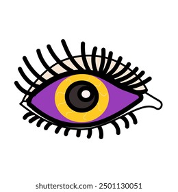 A striking purple eye featuring a vibrant yellow center and prominent black lashes beautifully displayed on a clean, white background