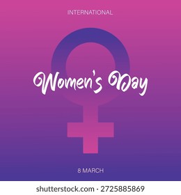 Un llamativo degradado púrpura y rosa con un símbolo femenino central y un elegante texto cursivo para el Día Internacional de la Mujer.