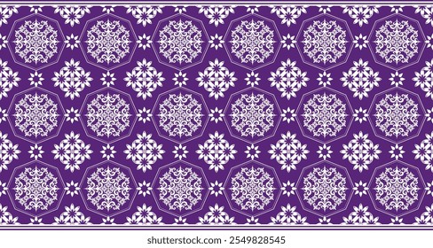 Um impressionante padrão geométrico roxo e branco com intrincados motivos florais e foliares. O design apresenta um padrão repetitivo de elementos ornamentados, criando uma aparência luxuosa e elegante. Este p versátil