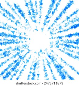 Una llamativa explosión radial de triángulos azules y blancos, que emanan del centro para representar energía, emoción o un big bang digital.