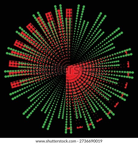 A striking radial pattern of red and green halftone dots emanating from a central point against a black backdrop.