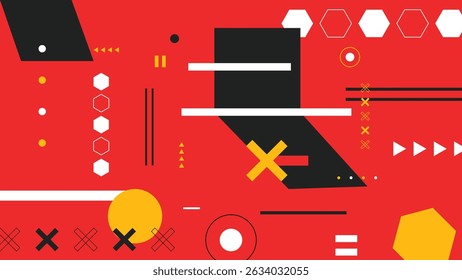 Striking red background with abstract black, yellow, and white shapes. Ideal for edgy branding, digital art, or web themes.