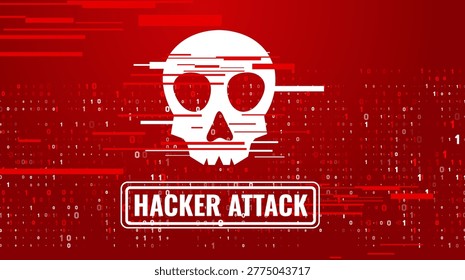 A striking red background features a white glitch skull and binary code, with a clear Hacker Attack message in a white frame, symbolizing digital threats and cybersecurity.