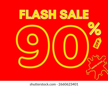 Un llamativo Anuncio rojo anunciando una "VENTA FLASH 90% OFF" con una etiqueta de "STOCK LIMITADO". Este atractivo y moderno diseño es ideal para promociones minoristas, anuncios en línea y el mercado de redes sociales