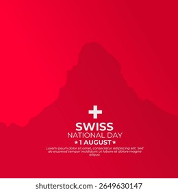 A striking red banner celebrating Swiss National Day on August 1st, featuring a subtle mountain silhouette and the iconic Swiss cross. Perfect for designers, corporations, and advertisers.
