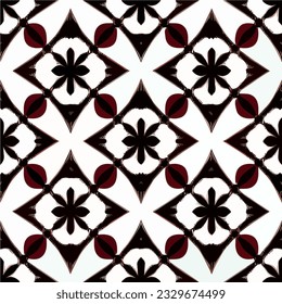 Striking red and black flower pattern on a crisp white background creates a visually captivating design. The dark floral motif is reminiscent of a damask pattern, making it perfect for fabric.