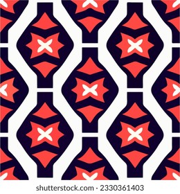 Striking red and black pattern adorned with white stars, presenting a seamless design suitable for fabrics, with hints of art deco influence.