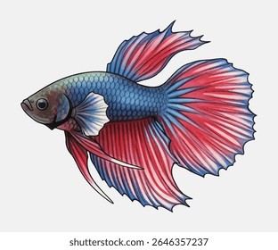 Striking red and blue betta fish with elegant, flowing fins and vivid details ideal for aquatic art, pet-themed designs, or digital decor that highlights color, motion, and graceful beauty.