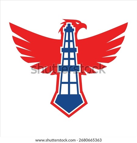 A striking red eagle with outstretched wings, its body formed by a blue and white oil derrick. This unique emblem combines themes of power, freedom, and the energy industry.