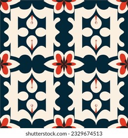 Striking red flower stands out against a black and white backdrop, creating a visually captivating and symmetrical damask pattern.