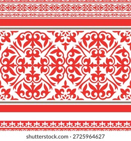 Auffälliges rotes und goldenes Grenzdesign mit reichen, sich wiederholenden Mustern traditioneller zentralasiatischer oder kasachischer Schriftrollen und Blumenmotiven, getrennt durch einfarbige Bänder